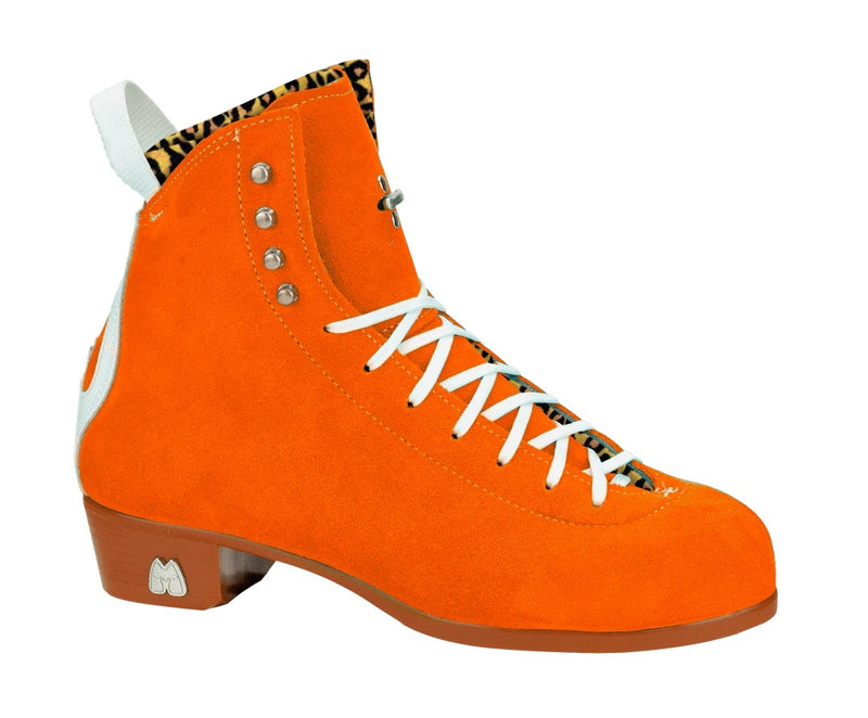 Moxi Roller Skates Jack 1 boots in Clementine orange with tan sole, white backstay and laces, leopard print lining.
