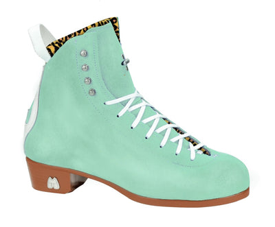 Moxi Roller Skates Jack 1 boots in teal Floss with tan sole, white backstay and laces, leopard print lining.