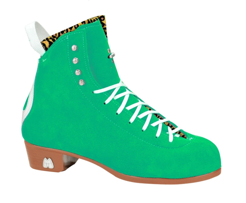 Moxi Roller Skates Jack 1 boots in Green Apple with tan sole, white backstay and laces, leopard print lining.