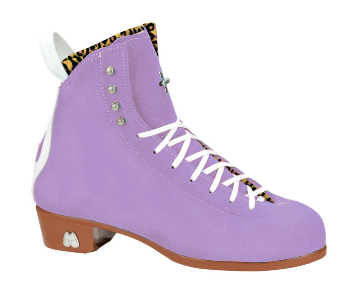 Moxi Roller Skates Jack 1 boots in lilac with tan sole, white backstay and laces, leopard print lining.