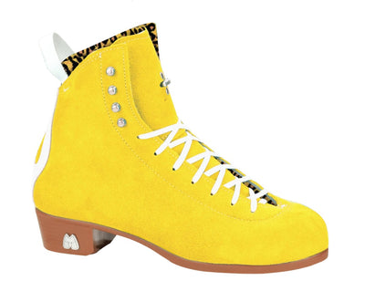 Moxi Roller Skates Jack 1 boots in Pineapple yellow with tan sole, white backstay and laces, leopard print lining.