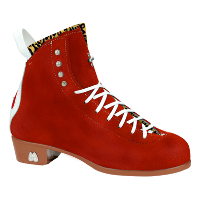 Moxi Roller Skates Jack 1 boots in Poppy red with tan sole, white backstay and laces, leopard print lining.