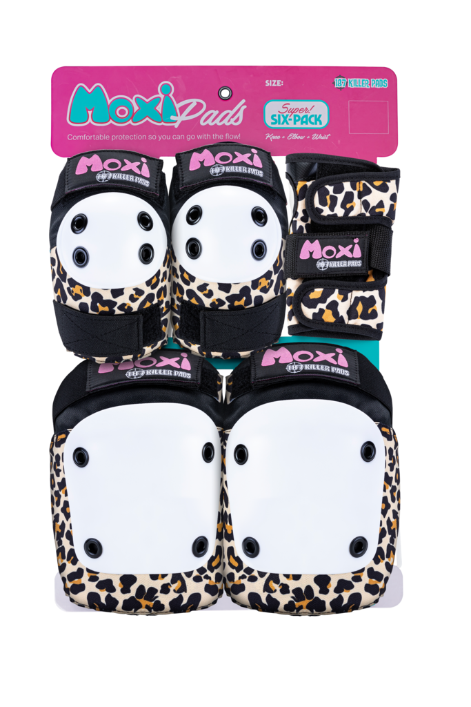 Moxi Roller Skates x 187 Killer Pads Six Pack in Leopard with leopard print knee pads, elbow pads and wrist guards.