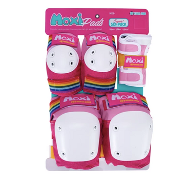 Moxi Roller Skates x 187 Killer Pads Six Pack in Pink with pink knee pads, elbow pads and wrist guards.