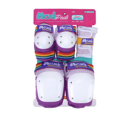 Moxi Roller Skates x 187 Killer Pads Six Pack in Lavender with purple knee pads, elbow pads and wrist guards.