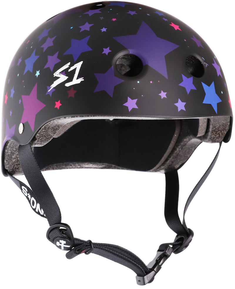 S-One Lifer Helmet in black matte finish with purple, pink and blue stars.