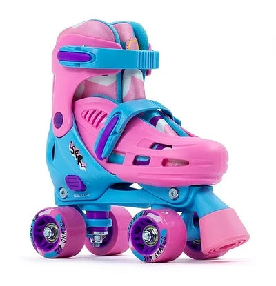 SFR Hurricane III adjustable roller skate in pink and blue with purple accents.