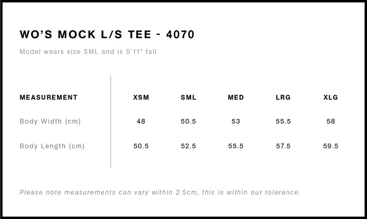 AScolour size chart.