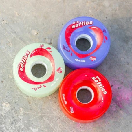 Chaya Big Softie wheels in clear, purple and red on concrete