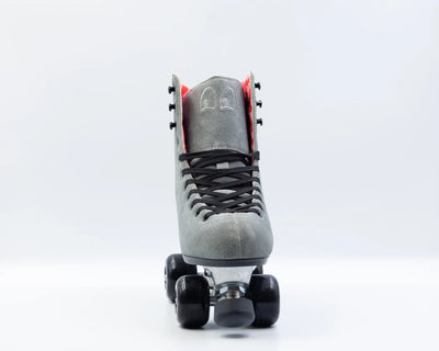 Chuffed Skates Wanderer Plus in Concrete grey with pink and red swirl lining, black wheels and toe stop.