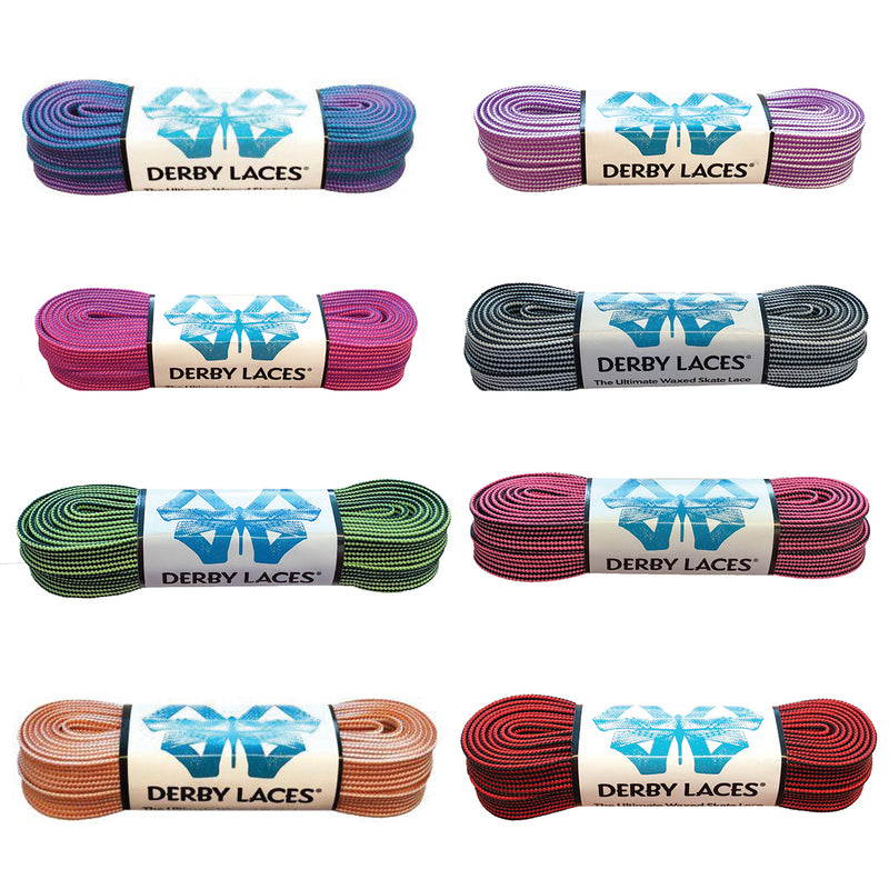 Derby Laces Waxed roller skate laces in 8 stripe colours.