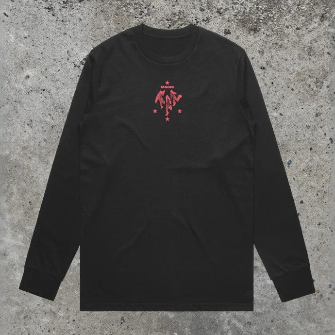 Black long sleeve tshirt with small red print of 3 skating fire people and stars with Magic text on middle of chest