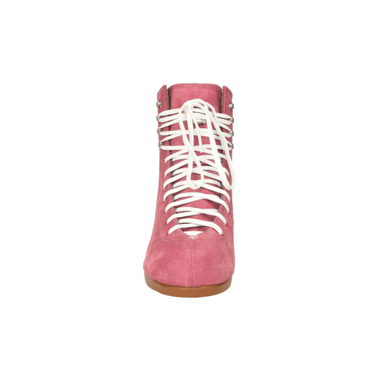 Moxi Roller Skates Jack 1 boots in Strawberry Pink with tan sole, white backstay and laces, leopard print lining.