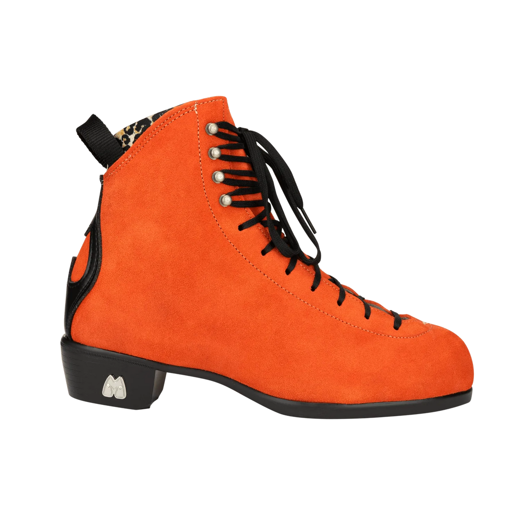 Moxi Roller Skates Jack 2 boots in Clementine orange featuring leopard print lining and black heel, laces and backstay.