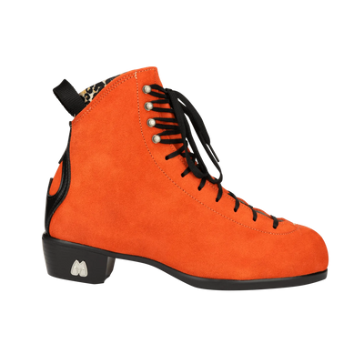 Moxi Roller Skates Jack 2 boots in Clementine orange featuring leopard print lining and black heel, laces and backstay.
