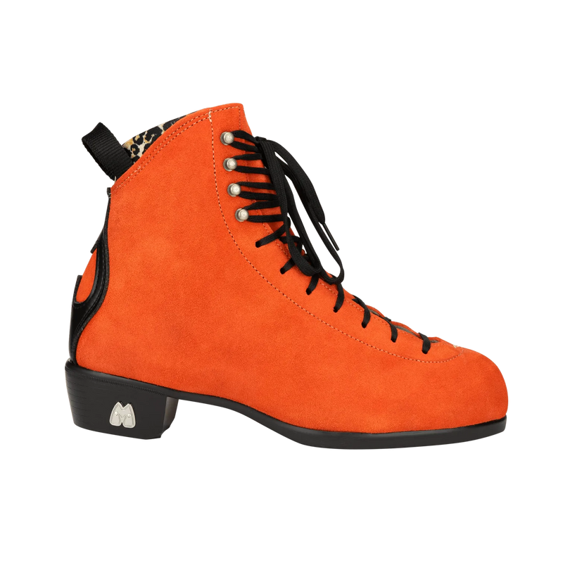 Moxi Roller Skates Jack 2 boots in Clementine orange featuring leopard print lining and black heel, laces and backstay.