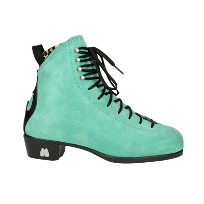 Moxi Roller Skates Jack 2 boots in Floss teal featuring leopard print lining and black heel, laces and backstay.