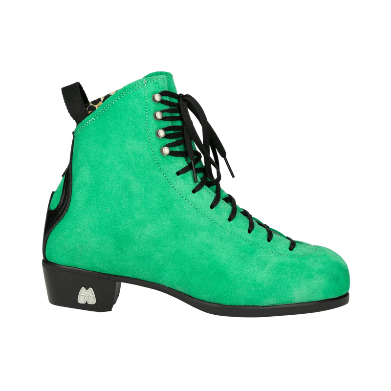 Moxi Roller Skates Jack 2 boots in Green Apple featuring leopard print lining and black heel, laces and backstay.