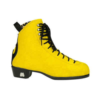 Moxi Roller Skates Jack 2 boots in Pineapple yellow featuring leopard print lining and black heel, laces and backstay.