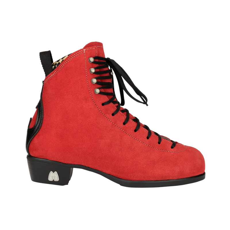 Moxi Roller Skates Jack 2 boots in Poppy Red featuring leopard print lining and black heel, laces and backstay.