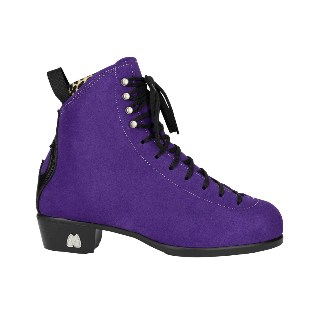 Moxi Roller Skates Jack 2 boots in Taffy purple featuring leopard print lining and black heel, laces and backstay.