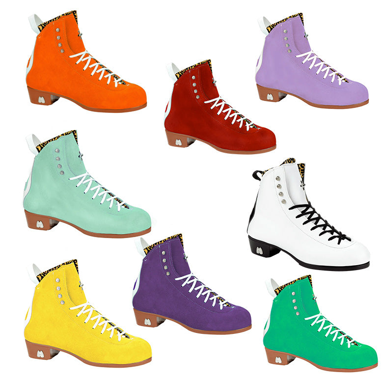Moxi Roller Skates Jack 1 boots in 8 custom colours: Clementine orange. Floss teal, Pineapple yellow, Taffy purple, Poppy red, Lilac, White Vegan, Green Apple.