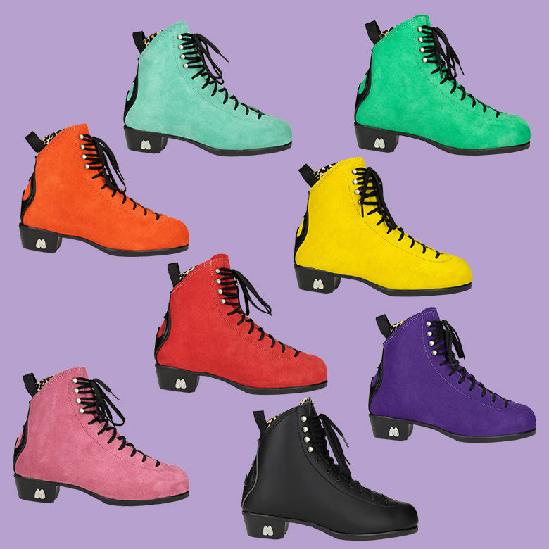 Moxi Roller Skates Jack 2 boots in 8 colours: Floss (teal), Green Apple, Clementine (orange), Pineapple (yellow), Poppy (red), Taffy (purple), Pink Strawberry, Vegan Black.