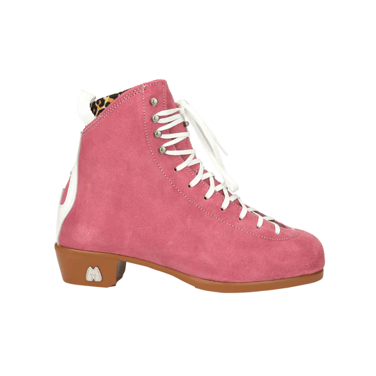 Moxi Roller Skates Jack 1 boots in Strawberry Pink with tan sole, white backstay and laces, leopard print lining.