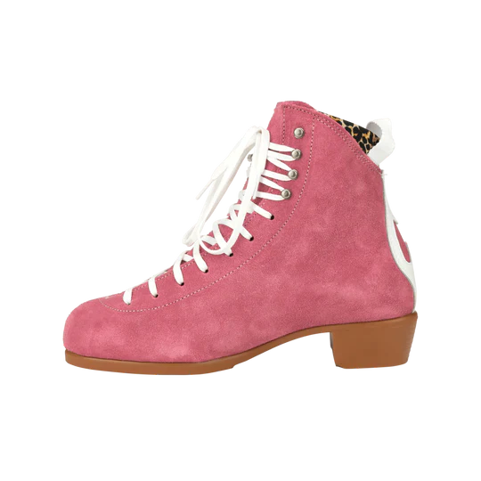 Moxi Roller Skates Jack 1 boots in Strawberry Pink with tan sole, white backstay and laces, leopard print lining.