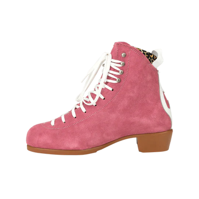 Moxi Roller Skates Jack 1 boots in Strawberry Pink with tan sole, white backstay and laces, leopard print lining.