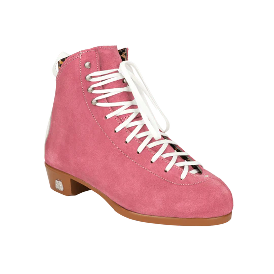 Moxi Roller Skates Jack 1 boots in Strawberry Pink with tan sole, white backstay and laces, leopard print lining.