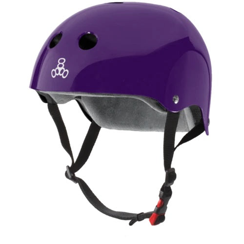 A purple gloss sweat saver helmet.