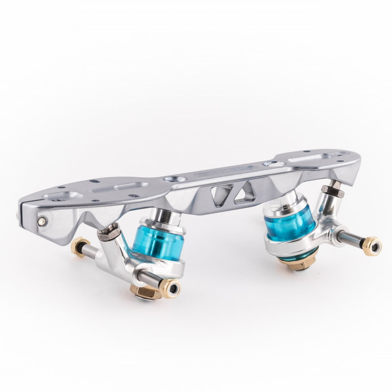 Roll-Line Dance plate with an all silver finish, gold hardware accents and blue elastomer cushions.