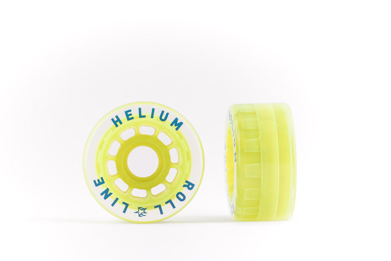 Roll-Line Helium wheel, clear with neon yellow hub and blue writing showing front facing and side profile.