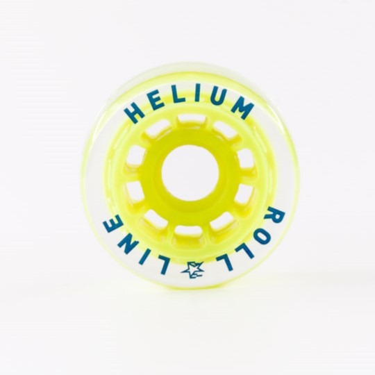 Roll-Line Helium wheel, clear with neon yellow hub and blue writing.