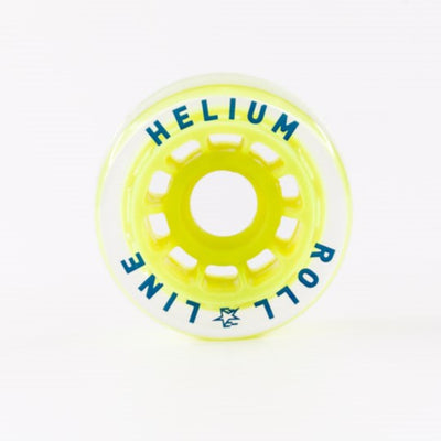 Roll-Line Helium wheel, clear with neon yellow hub and blue writing.
