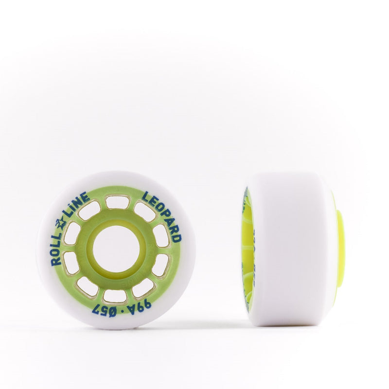 Roll-Line Leopard wheels all white with neon yellow hub and blue text in front facing and side profile view.