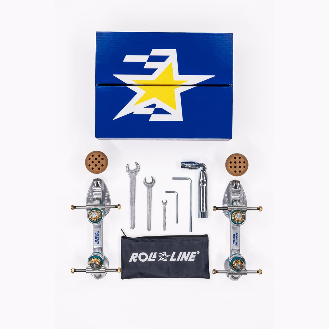 Roll-Line Mistral plate, all silver with gold hardware accents and blue elastomer cushions.