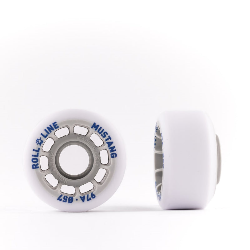 Roll-Line Mustang wheels in all white with grey hub and blue writing in front facing and side profile views.