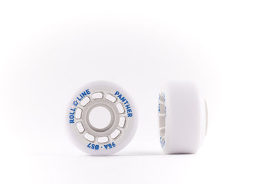 Roll-Line Panther wheel all white with blue text in front facing and side profile view.