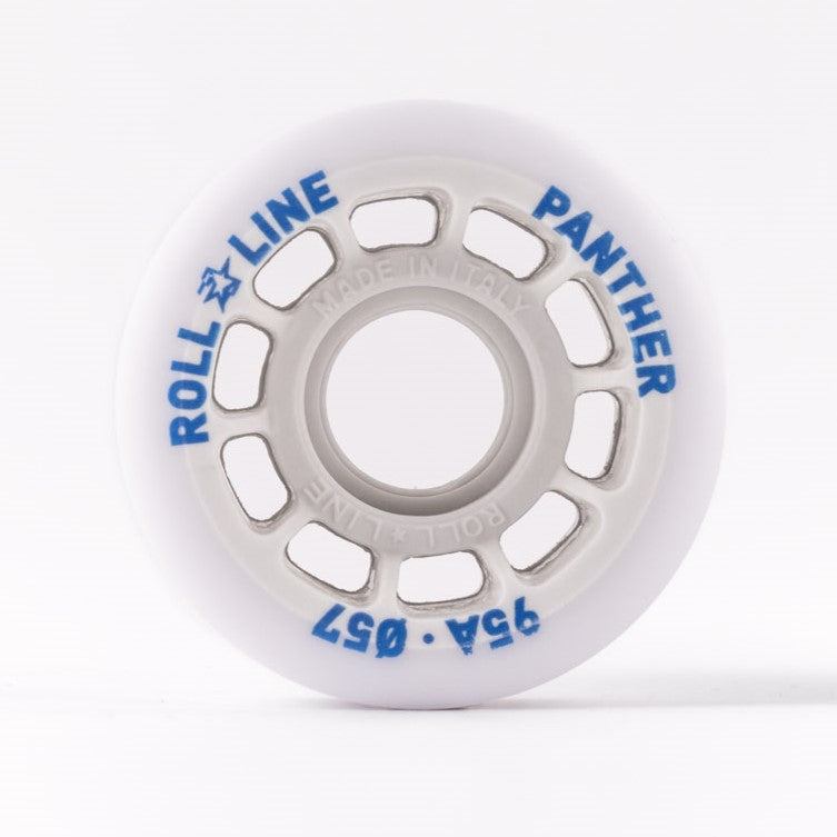 Roll-Line Panther wheel all white with blue text.