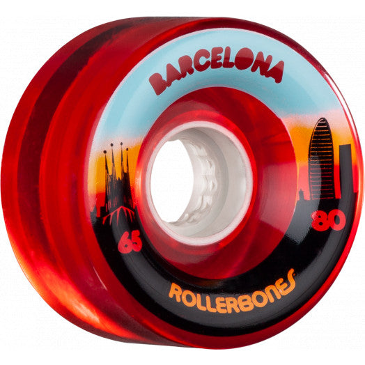 Rollerbones Barcelona wheel in clear red with black, yellow and blue wheel print of Barcelona landmarks.