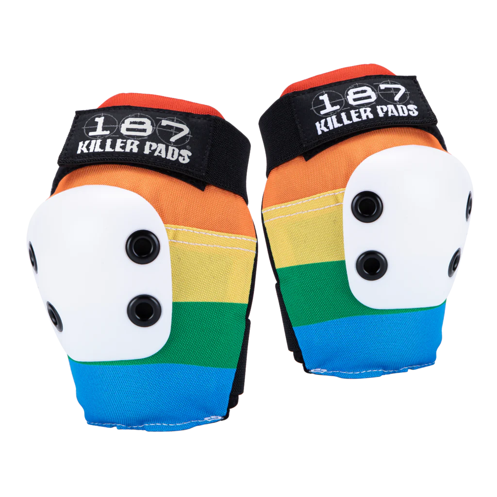 187 Killer Pads Pro Elbow pads in rainbow - orange, yellow, green and blue stripe with white caps.