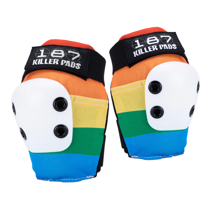 187 Killer Pads Pro Elbow pads in rainbow - orange, yellow, green and blue stripe with white caps.