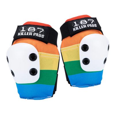 187 Killer Pads Pro Elbow pads in rainbow - orange, yellow, green and blue stripe with white caps.