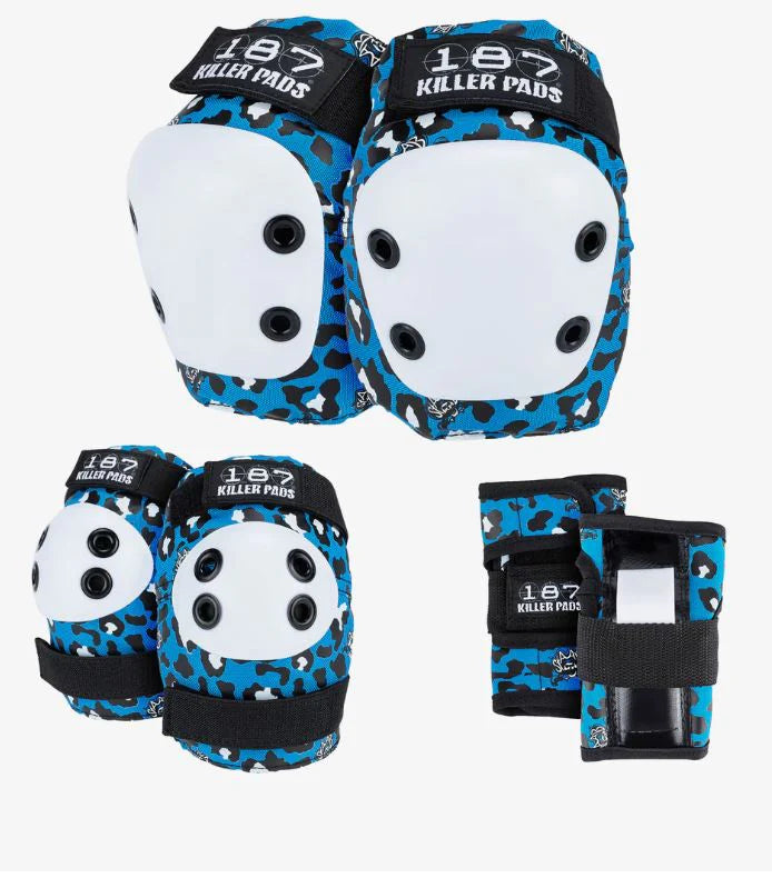 187 Killer Pads Six Pack in staab blue - blue, white and black leopard print with white caps.