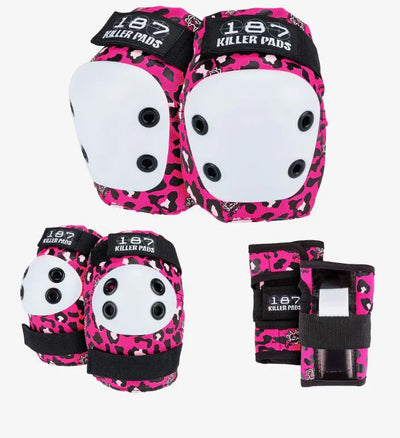 187 Killer Pads Six Pack in staab pink - pink, white and black leopard print with white caps.