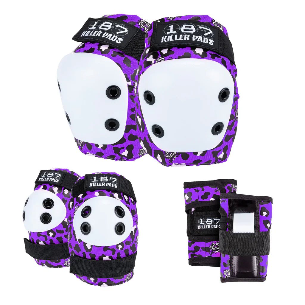 187 Killer Pads Six Pack in staab purple - purple, white and black leopard print with white caps.