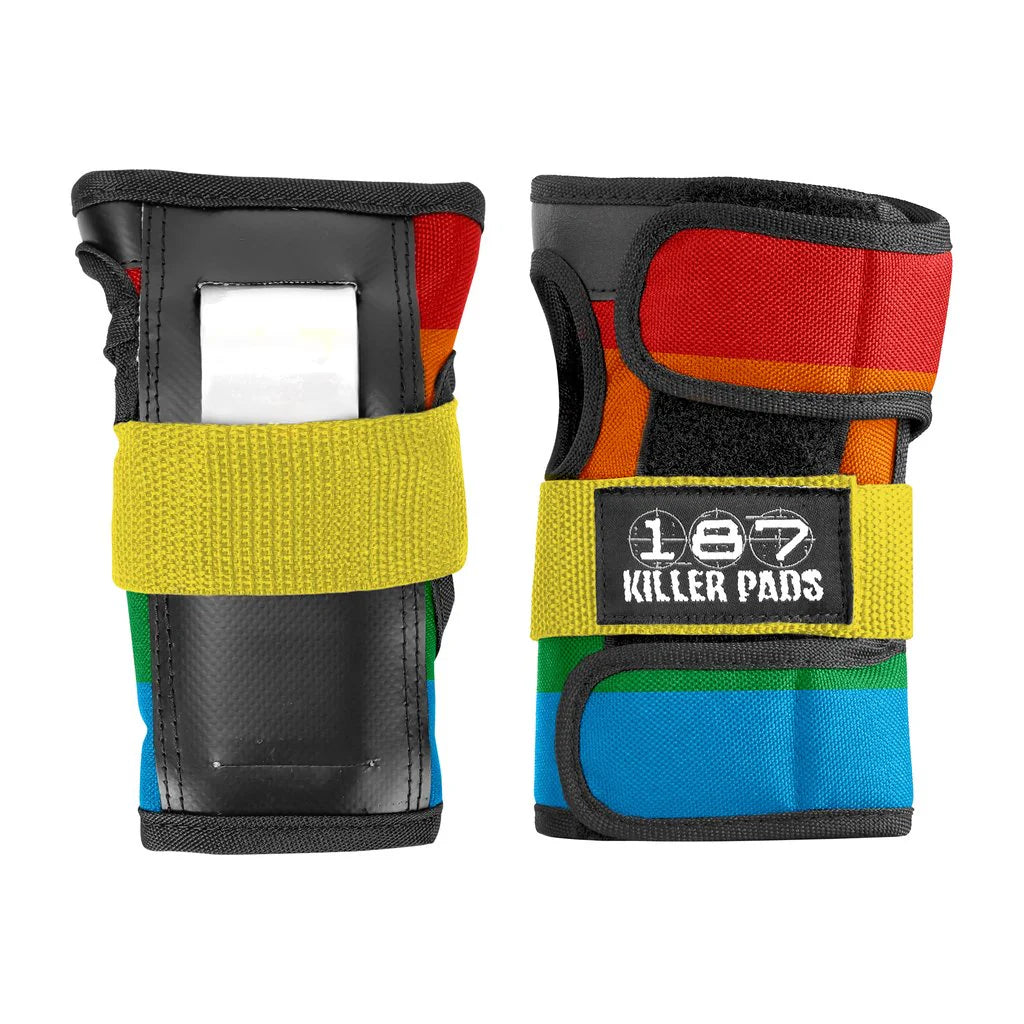 187 Killer Pads wrist guards in rainbow - orange, yellow, green and blue stripe with white splint.