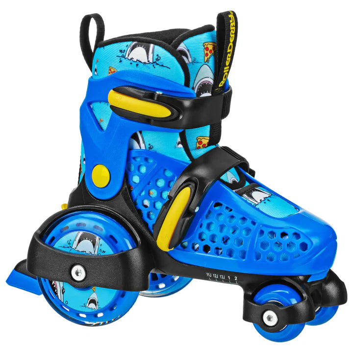 RDS Fun Roller adjustable kids roller skates in blue and yellow with pizza and shark pattern boot liner.